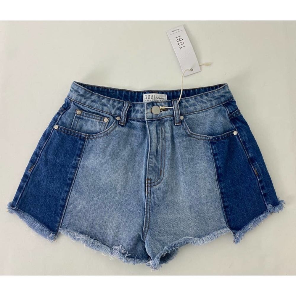 TOBI High Rise Two-Tone Denim Jean Shorts Fringe Shortie High Waist - Si…